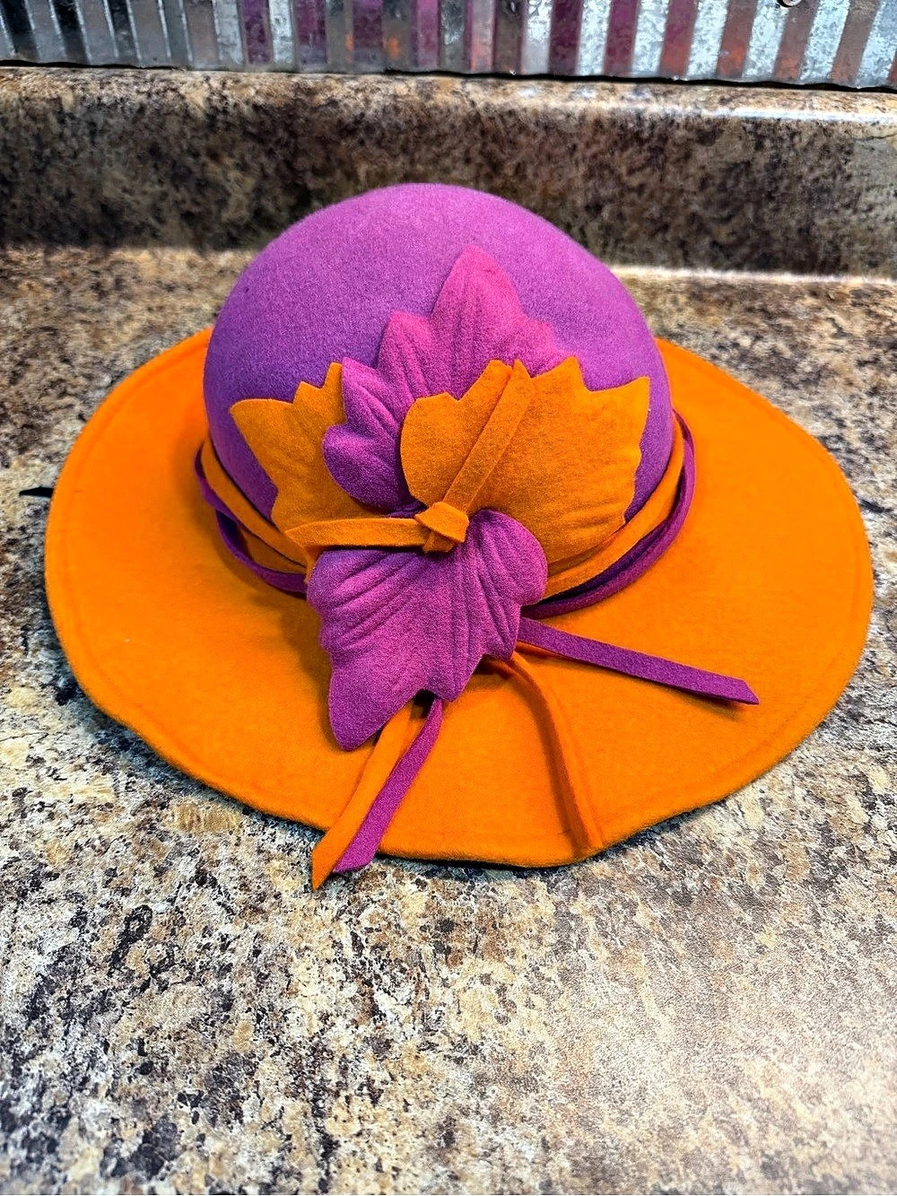 Makowsky Millinery Custom Wool Felt Color-Block Leaf Dress Hat Purple Orange